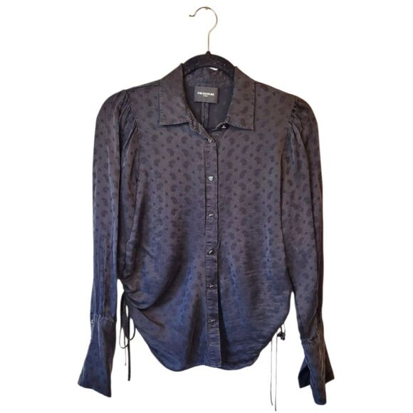 The Kooples Women's Black Satin Paisley Ruched Button Down Shirt Size FR 1/US S - Picture 1 of 9